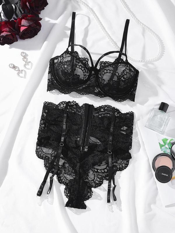Women's Solid Color Sheer Lace Sexy Lingerie Three-piece Set, Push Up Bra & Garter Belt & Thong Set, Sexy Lingerie Set for Women