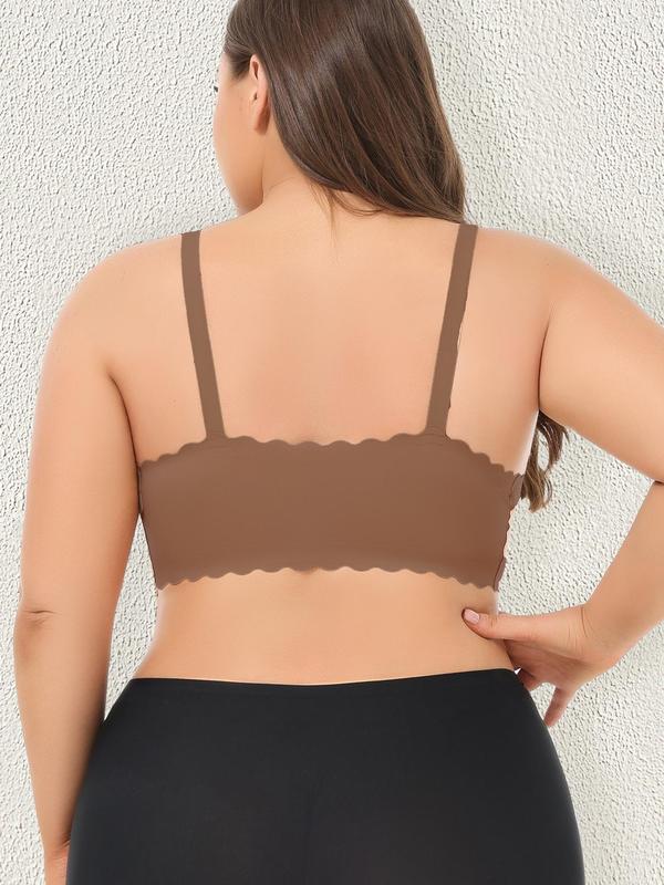 Plus Size Solid Scallop Trim Wireless Bra with Removable Pads Design, Adjustable Strap Push Up Bralette, Lingerie for Women, Women's Lingerie for All Seasons