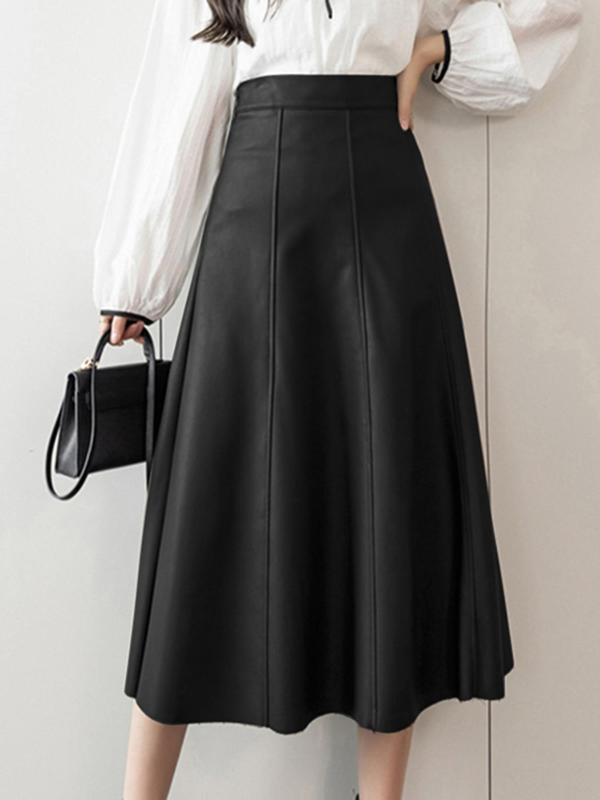 Women's Solid  Pu Leather Skirt, Fashion Casual A Line Midi Skirt for Daily Outdoor Wear, Women's Bottoms for Fall & Winter