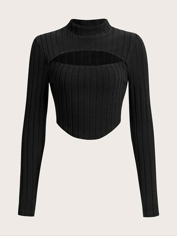 Women's Solid Cut Out Mock Neck Ribbed Tee, Casual Long Sleeve T-shirt for Daily Wear, Ladies Clothes for All Seasons
