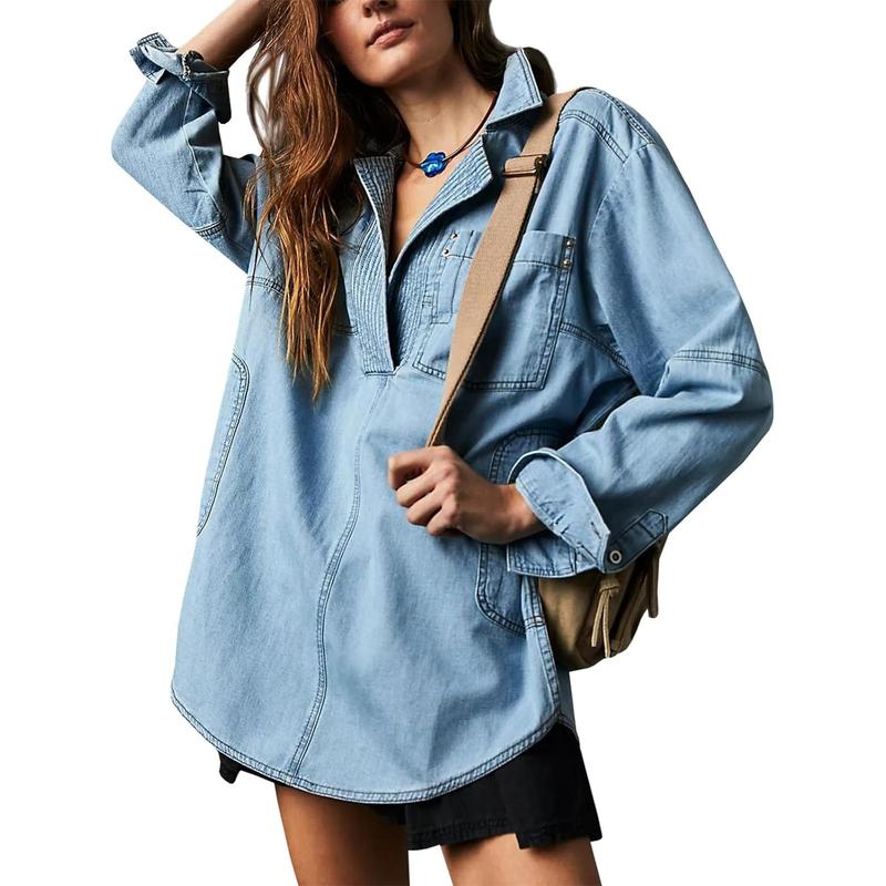 Fisoew S To 2XL Women's Denim Pullover Casual Button V Neck Blouse Loose Fit Long Sleeve Jean Jacket With Pocket Casual Long Sleeve Pocket Jacket