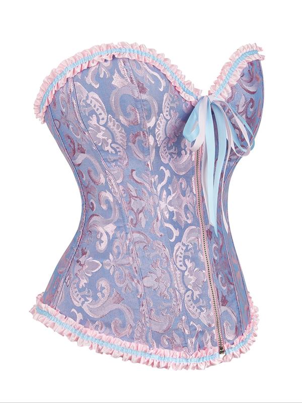Women's Jacquard Frill Trim Tie Front Backless Corset Structure Strapless Shapewear Top, Fashionable Lace Up Grommet Eyelet Tube Top for Daily Wear, Ladies Shapewear Top for All Seasons