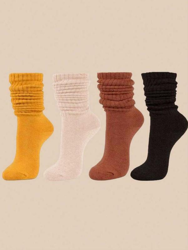 Women's 4 Pairs Solid Color Over The Calf Socks, Minimalist Baggy Socks for Women, Comfort Casual Cozy Breathable Pile Socks for Lady Daily Outdoor Wear, Socks for Women, Scrunch Socks Womenswear