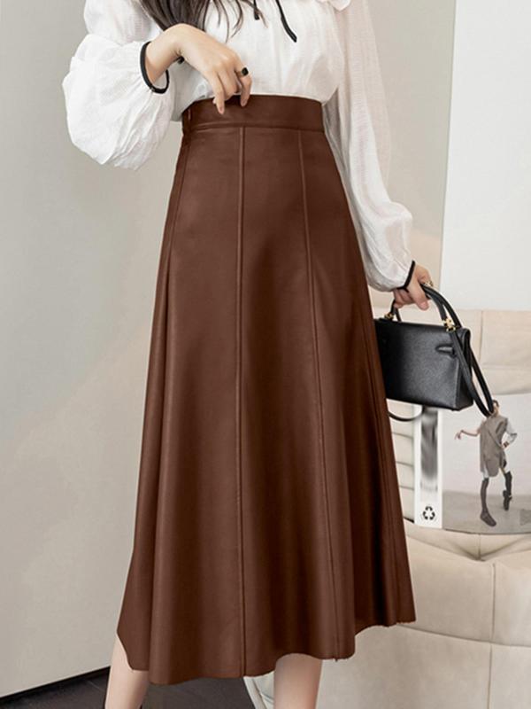 Women's Solid  Pu Leather Skirt, Fashion Casual A Line Midi Skirt for Daily Outdoor Wear, Women's Bottoms for Fall & Winter