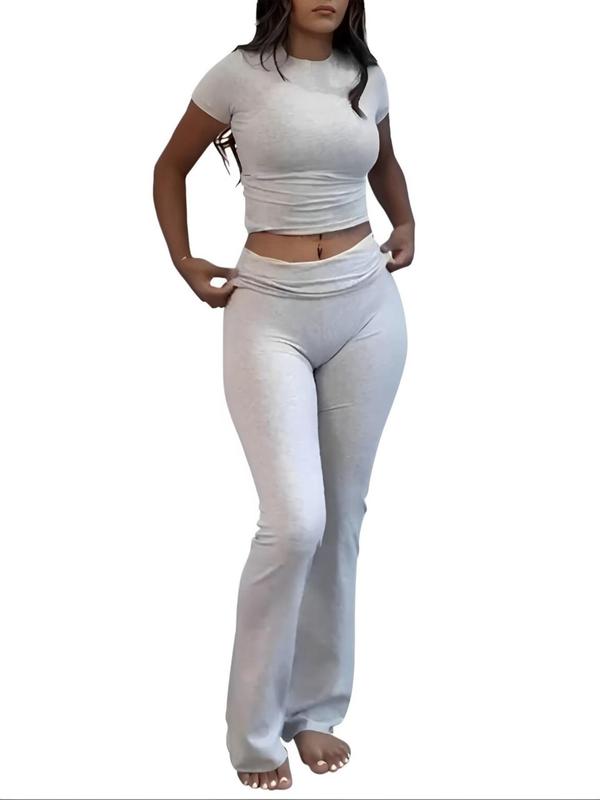 Women's Solid Round Neck Tee & Flare Leg Pants Loungewear Two-piece Set, Casual Comfy Short Sleeve T-shirt & Bell Bottom Trousers PJ Set, Ladies Sleepwear for Spring & Fall