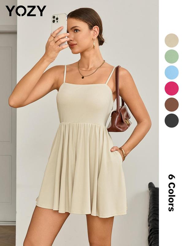 Yozy [6 colors] Solid Ruched Wide Leg Cami Romper  Casual Fashion Sleeveless Spaghetti Strap High Waist Jumpsuit for Fall, 2024 Women's Fall Outfits for Daily Wear