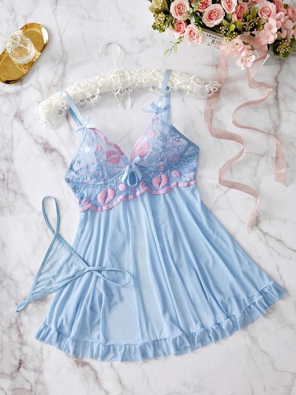 Women's Contrast Lace Bow Decor Sexy Lingerie Two-piece Set, Adjustable Strap Ruffle Hem Cami Nightdress & Thong Set, Women's Lingerie & Underwear for All Seasons