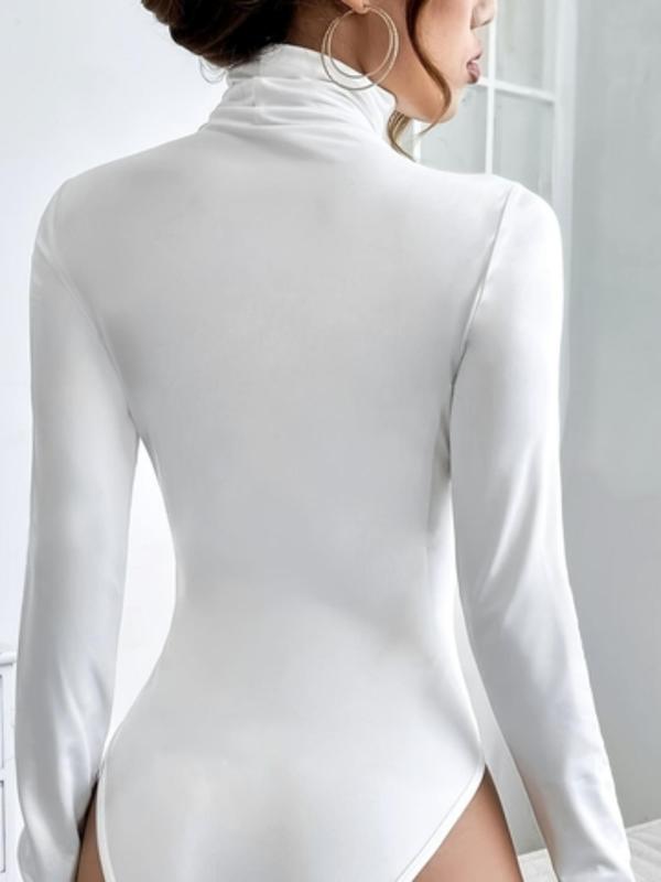 Women's Solid Long Sleeve High Neck Bodysuit, Casual Comfy Tight-fitting Bodysuit for Fall & Winter, Women's Clothes for Daily Wear