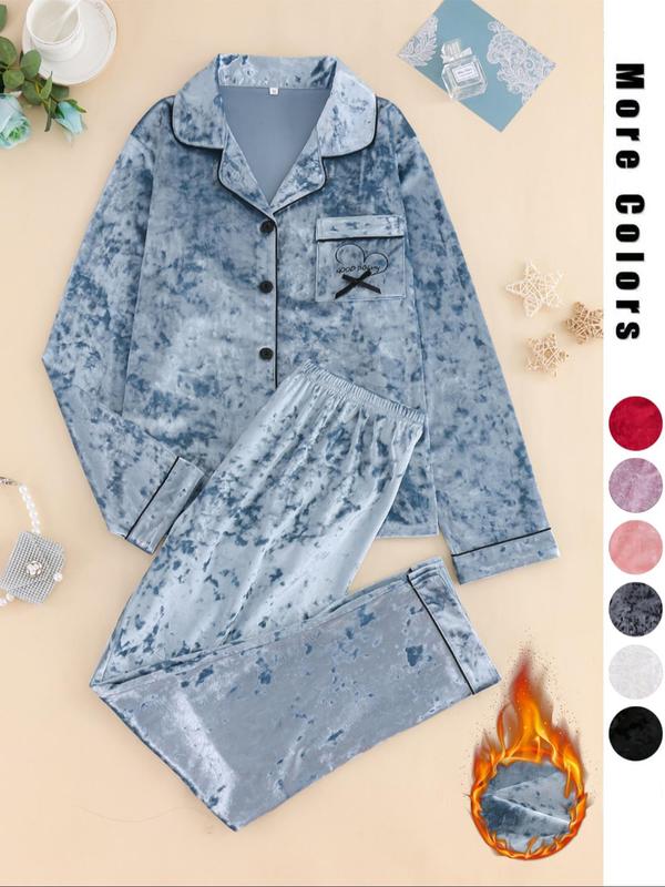 Two-Piece Set Women's Solid Button Front Lapel Shirt & Pants Velvet Pyjama, Long Sleeve Pocket Top & Trousers Set, Women's Sleepwear for Winter