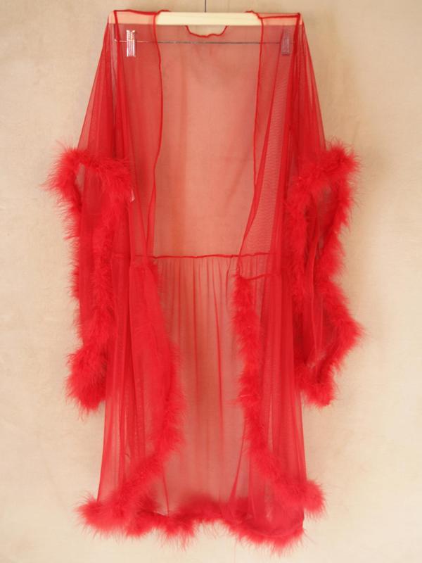 Women's Sexy Solid Fuzzy Trim Flounce Sleeve Sheer Tulle Pj Robe, Night Gown for Women, Plain Long Sleeve Nightgown for Home Wear, Bride's Dressing Gown, Women's Sleepwear & Loungewear,  2000s Wear