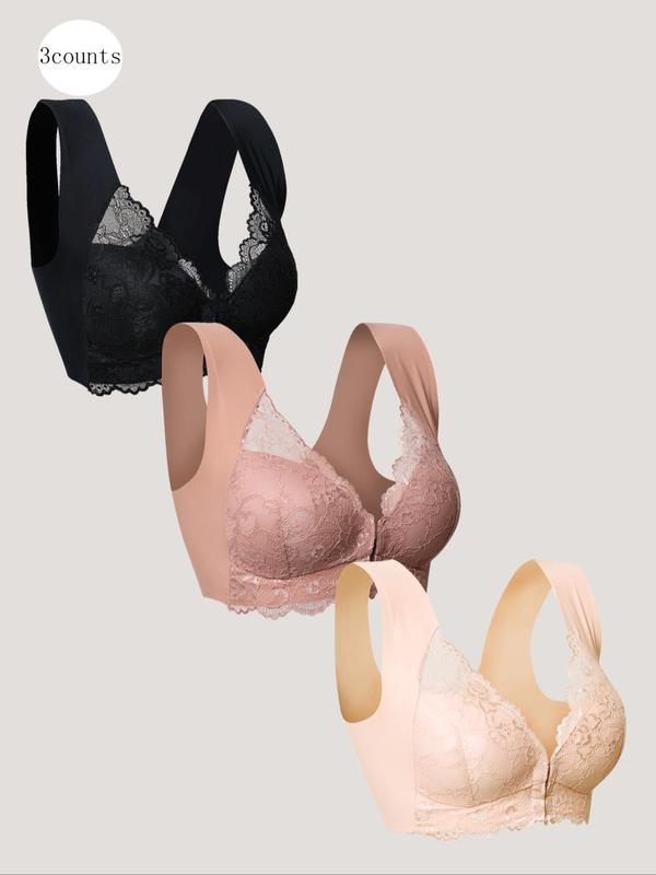 Women's Solid Color Contrast Lace Wireless Bra, Soft Comfy Breathable Push Up Bra, Lingerie for All Seasons
