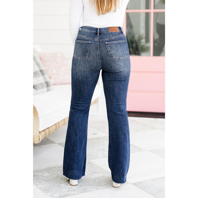 Judy Blue Shake it Off Dark Wash High Rise Tummy Control Destroyed Knee Raw Hem Flare Jeans