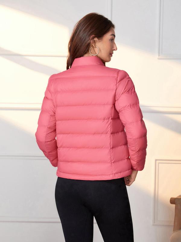 YOZY Women's Solid Zip Up Pocket Down Coat, Casual Long Sleeve Outerwear for Fall & Winter, Women's Clothing for Daily Wear