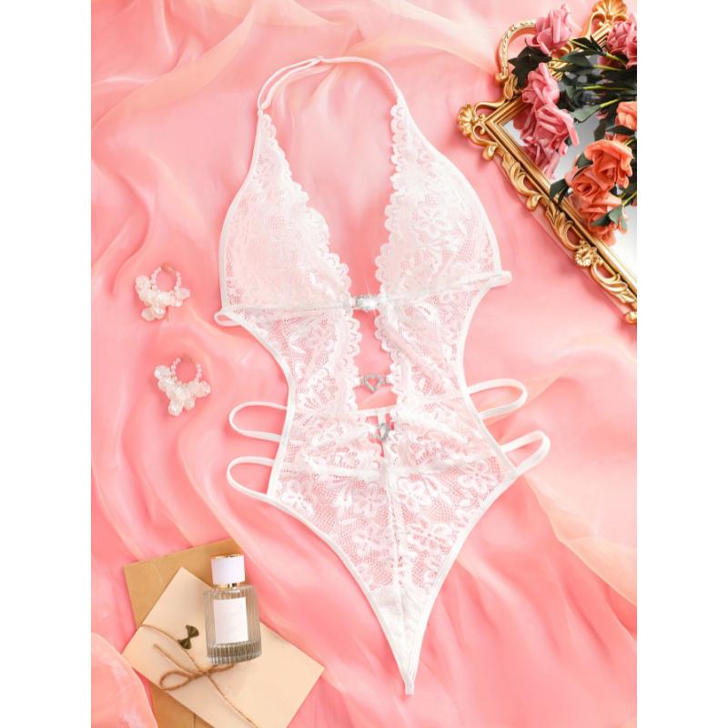 Sexy Contrast Lace Plunging Teddy, Cut Out Heart Decor Lace Up Halter Bodysuit, Women's Sexy Lingerie & Underwear
