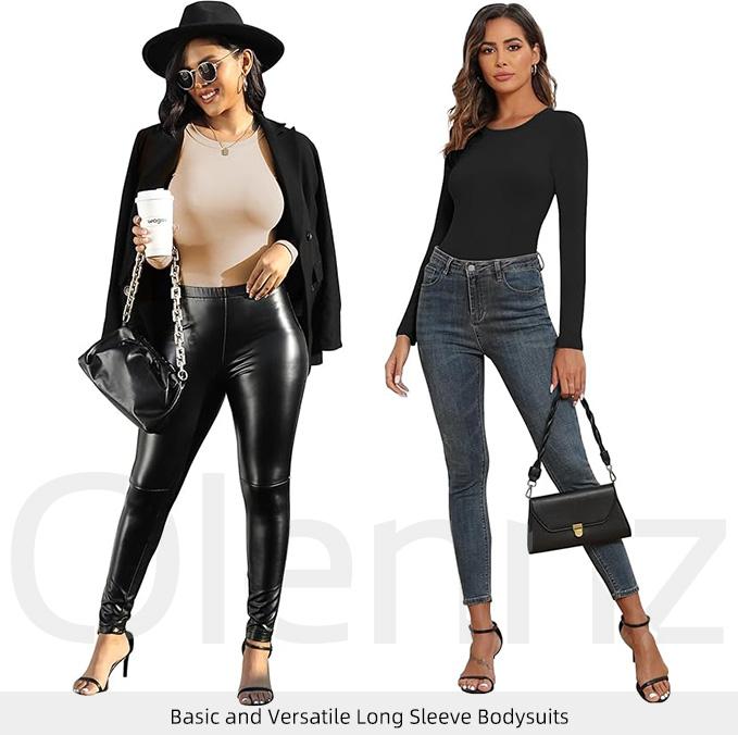OLENNZ 5 packs Womens Long Sleeve Bodysuit Round Neck Bodysuit Shirts for Women Crew Neck Body Suits Tops Fall Body Suit Pack Basic Comfort Fabric Womenswear Crewneck Longsleeves