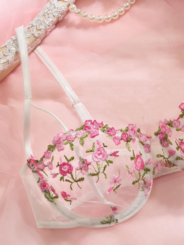 Women's Floral Embroidery Mesh Sexy Lingerie Set, Adjustable Strap Bra & Sheer Thong Set for All Seasons, Fashion Comfy Women's Sexy Lingerie Set for Daily Wear