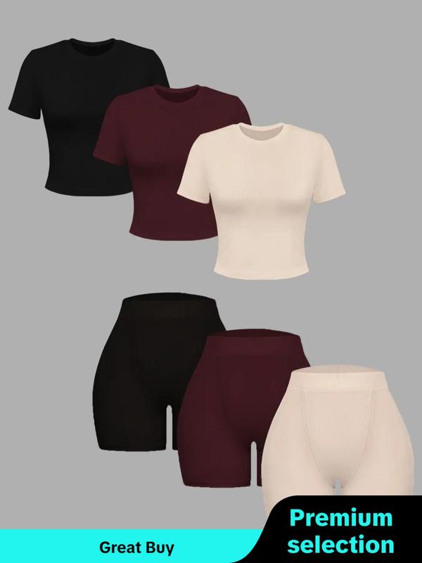 Women's Solid Round Neck Tee & High Waist Shorts Ribbed Set, Casual Short Sleeve T-shirt & Skinny Track Short Sets Outfits, 2 Piece Sets Women,  Summer Outfits 2024 Sets