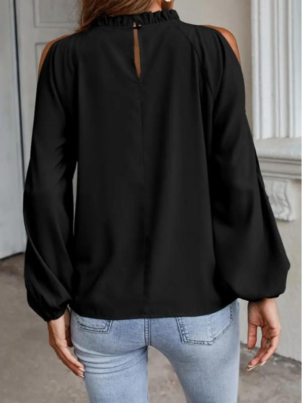 Women's Minimalist Plain Cut out Bishop Sleeve Frill Blouse, Solid Cold Shoulder Longsleeves Top, Casual Long Sleeve Top for Spring & Fall, Comfort Basic Womenswear for Lady