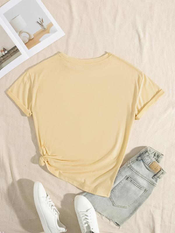 Women's Figure & Letter Print Short Sleeve Tee, Casual Round Neck Graphic T-Shirt, Graphic Tees, Ladies Clothes for Daily Wear, Back To School Clothes, Summer Outfits 2024 90S Clothes, Fall Outfits
