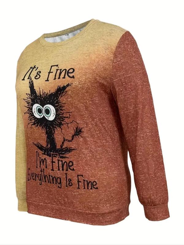  Cartoon Cat & Letter Print Round Neck Tee, Fashion Casual Ombre Crew Neck Long Sleeve T-Shirt for Daily Outdoor Wear, Women Plus Clothing for Spring & Fall