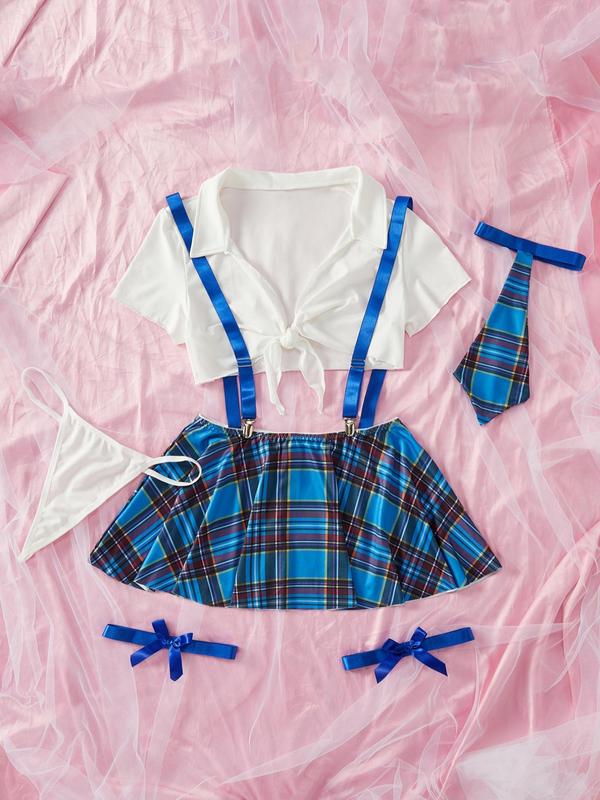  Tartan Print Crop Top & Thong & Bow Tie & Overall Dress & Thigh Ring Set, Sexy Adjustable Strap Lapel Neck Tie Front Lingerie Set, Women's Underwear Set