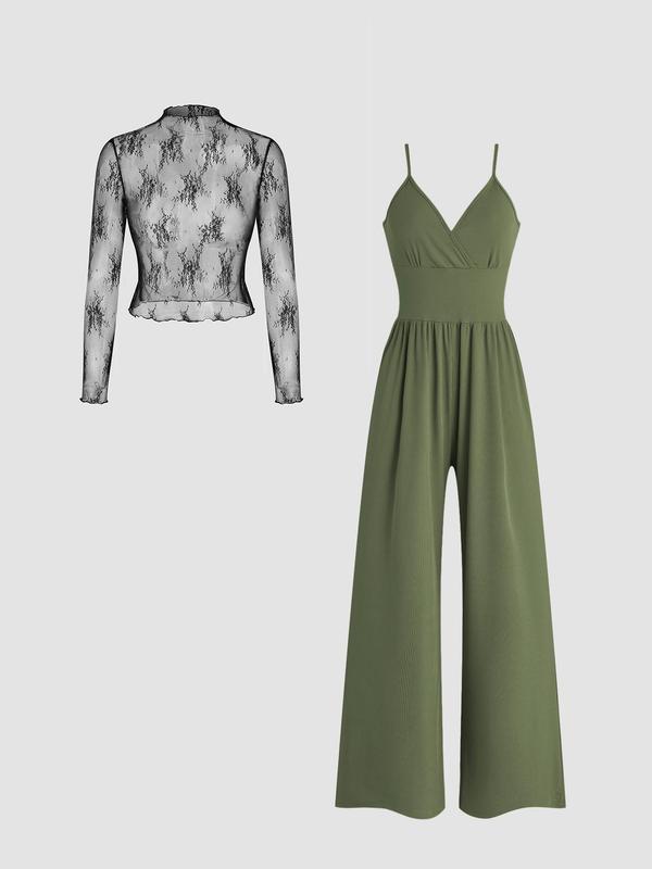 Two-piece Set Women's Solid Color Lettuce Trim Mock Neck Sheer Lace Top & Pocket Wide Leg Cami Jumpsuit, Elegant Fashion Casual Two Piece Outfits for Daily Outdoor Wear, Women Clothes for Spring Fall