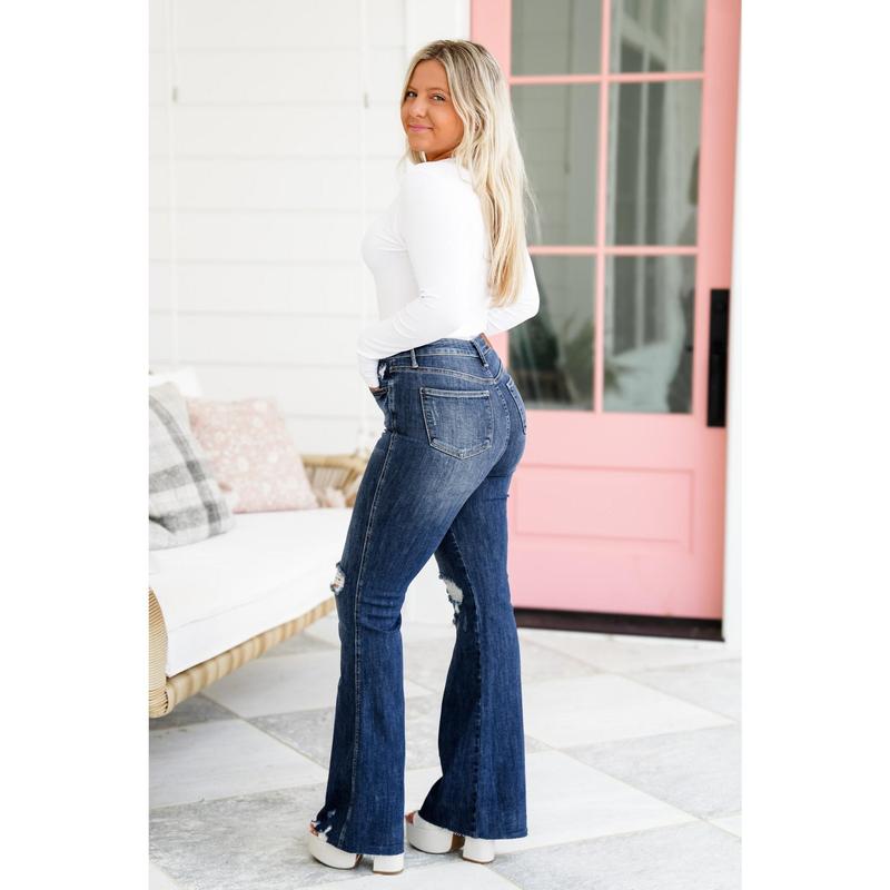 Judy Blue Shake it Off Dark Wash High Rise Tummy Control Destroyed Knee Raw Hem Flare Jeans