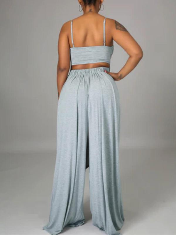 Women's Solid High Low Cami Top & Wide Leg Pants Lounge Set, Basic Casual Top & Elastic Waist Trousers Pajama Set, Summer Clothes, Lady Homewear