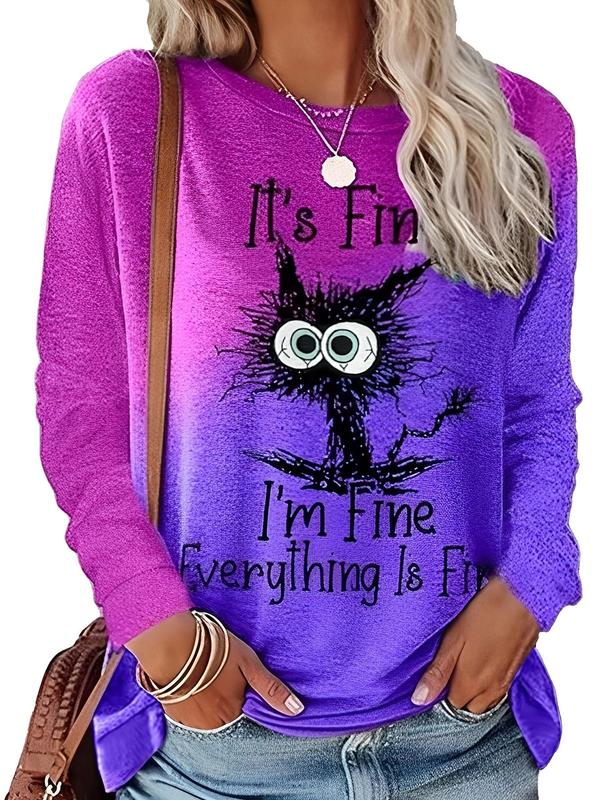  Cartoon Cat & Letter Print Round Neck Tee, Fashion Casual Ombre Crew Neck Long Sleeve T-Shirt for Daily Outdoor Wear, Women Plus Clothing for Spring & Fall