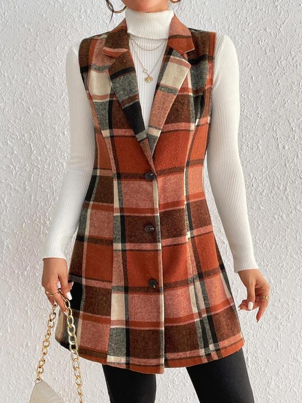 Women's Plaid Print Button Front Lapel Vest Blazer without Sweater, Casual Sleeveless Outerwear for Spring & Fall, Ladies Clothes for Daily Wear