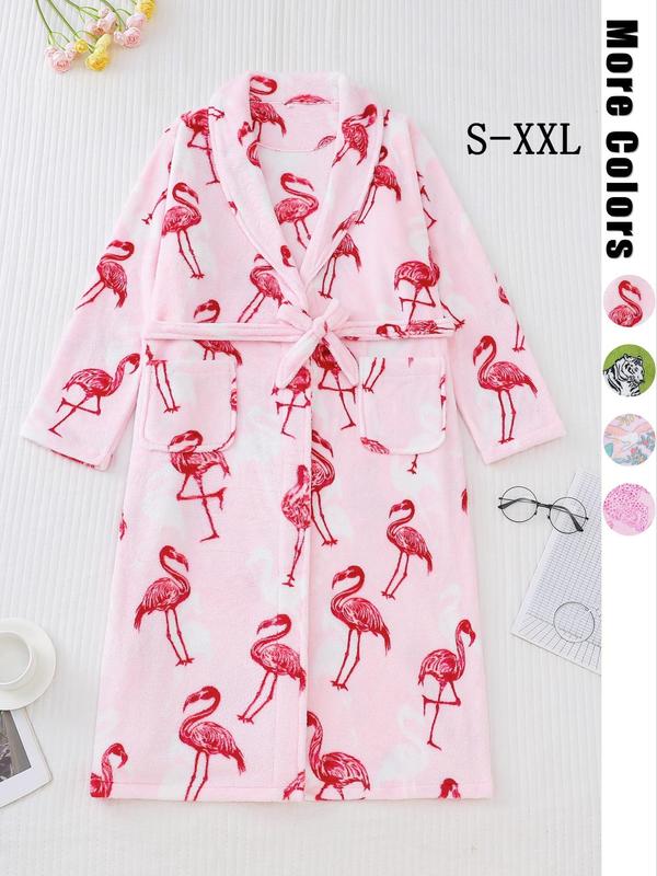 Women's Animal Print Pocket Belted Lounge Robe, Princess Robe, Casual Long Sleeve Shawl Collar Dressing Gown, Ladies Loungewear Sleepwear for Fall & Winter, 2024 Fall Wear, Fallfreshness