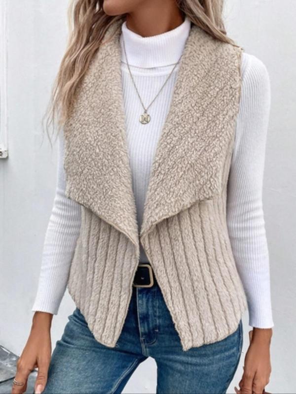 Women's Solid Color Waterfall Collar Open Front Vest Coat, Casual Sleeveless Plush Outerwear for Daily Wear, Ladies Clothes for All Seasons