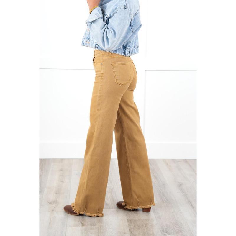 Risen High Rise Khaki Distressed Hem Wide Leg Jeans