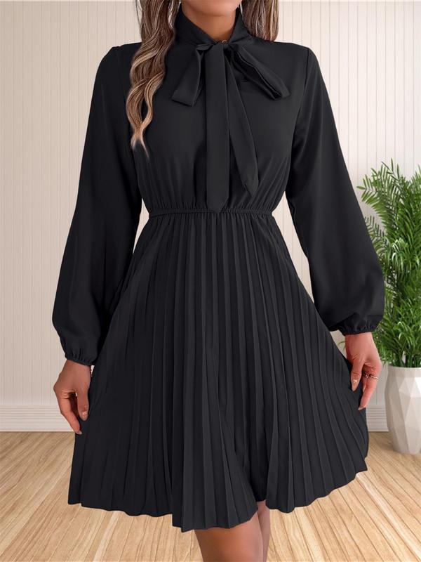 Women's Plain Knot Front Pleated A Line Dress, Elegant Bishop Sleeve Tie Neck Short Dress for Fall & Winter, Women's Clothing for Daily Wear