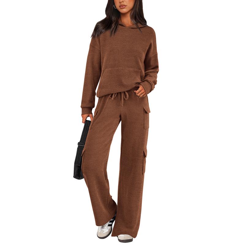 PrettyGarden Women's 2 Piece Lounge Sets 2024 Fall Knitted Hoodie Pullover Tops Cargo Pants Matching Outfits Tracksuits