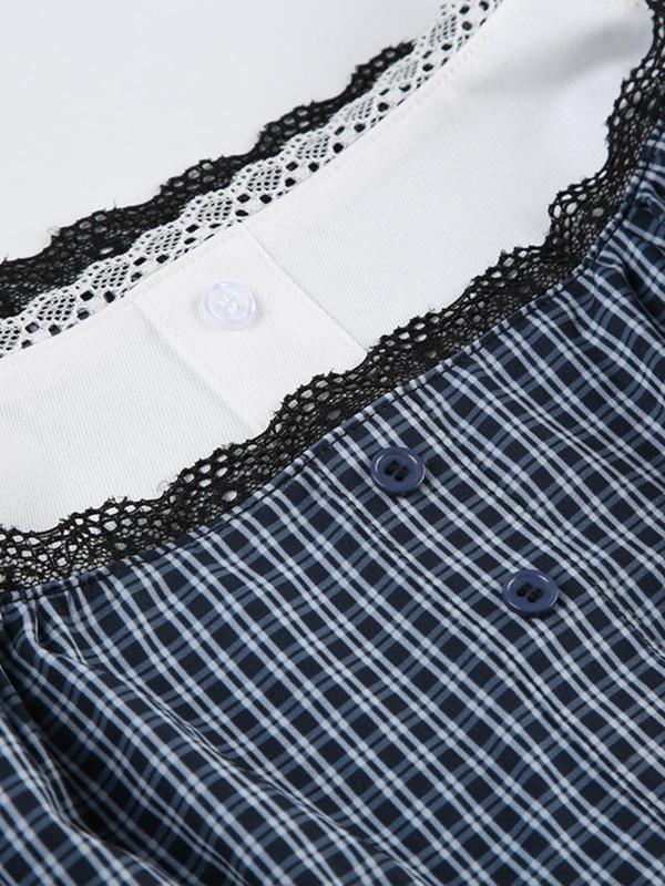 Women's Plaid Print Contrast Lace Fake Buttons Ruffle Hem Tank Top, Street Fashion Casual 2 in 1 Tank Top for Daily Outdoor Wear, Ladies Clothes for Summer