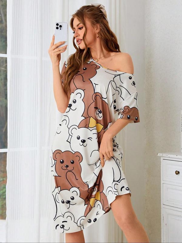 Women's All Over Cartoon Bear Print Round Neck Nightdress, Casual Comfortable Short Sleeve Nightgown for Summer, Ladies Sleepwear for Indoor Wear