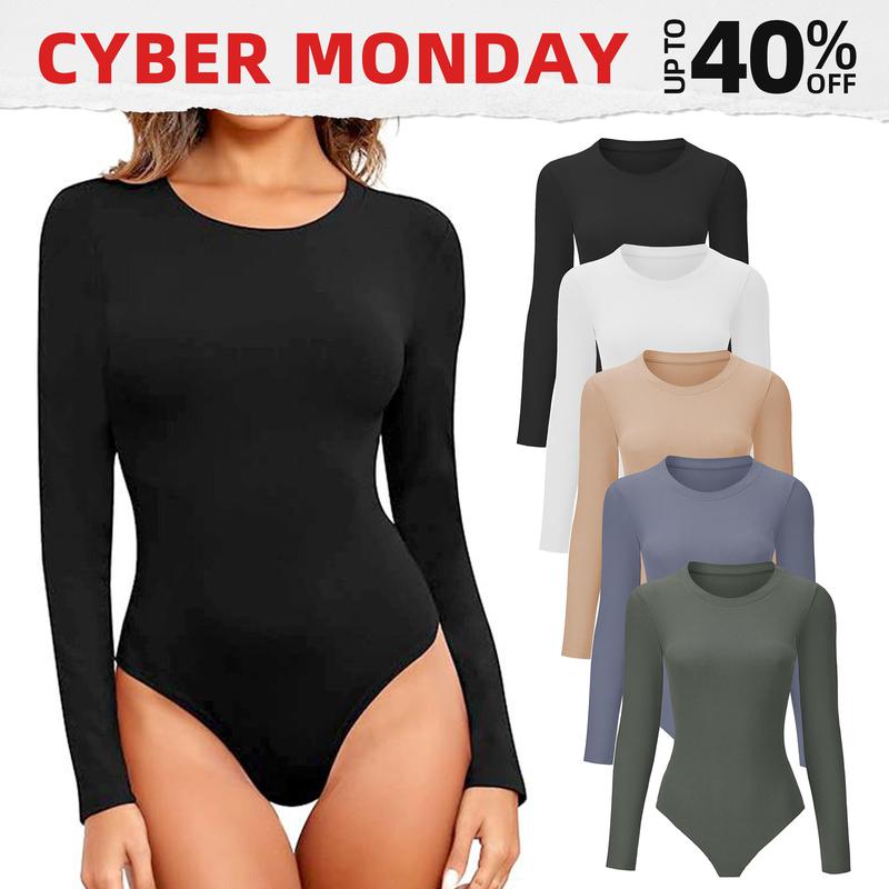 OLENNZ 5 packs Womens Long Sleeve Bodysuit Round Neck Bodysuit Shirts for Women Crew Neck Body Suits Tops Fall Body Suit Pack Basic Comfort Fabric Womenswear Crewneck Longsleeves