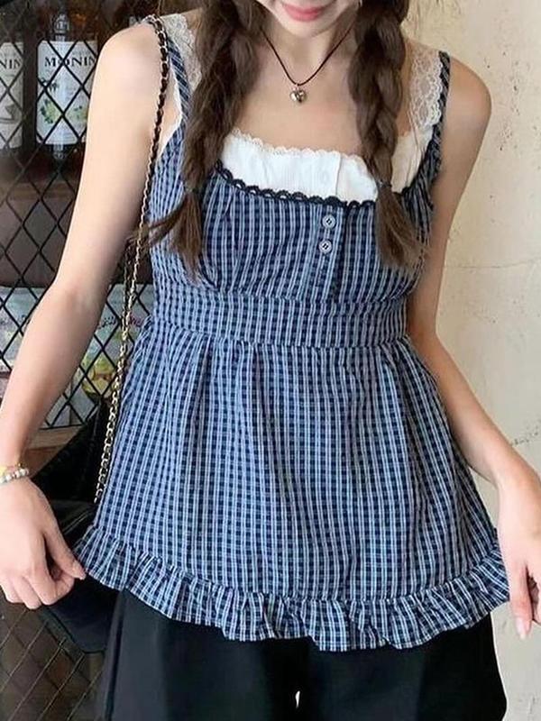 Women's Plaid Print Contrast Lace Fake Buttons Ruffle Hem Tank Top, Street Fashion Casual 2 in 1 Tank Top for Daily Outdoor Wear, Ladies Clothes for Summer