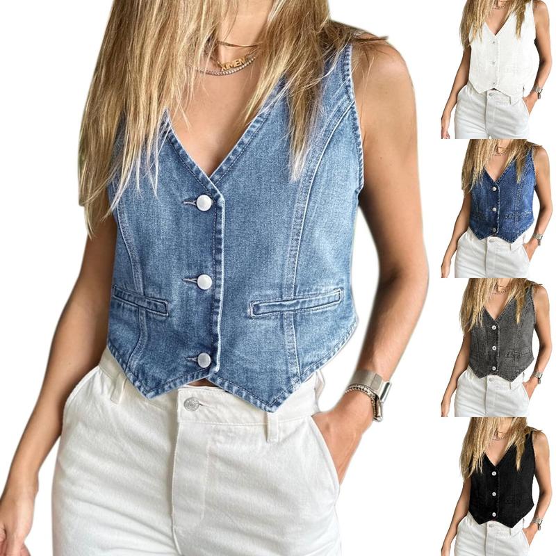 Goranbon Womens Denim Vest Sleeveless V Neck Button Down Jean Waistcoat Jacket Y2K Summer Crop Tops