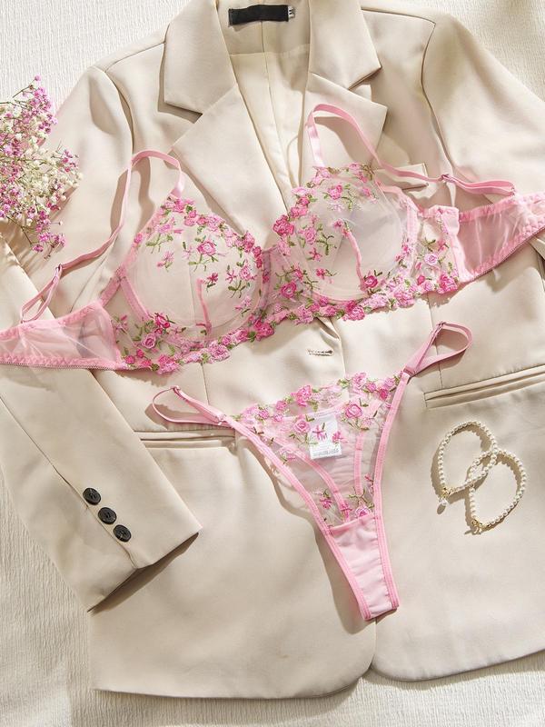 Women's Floral Embroidery Mesh Sexy Lingerie Set, Fashion Adjustable Strap Bra & Sheer Thong, Sexy Lingerie Set for Women Daily Wear