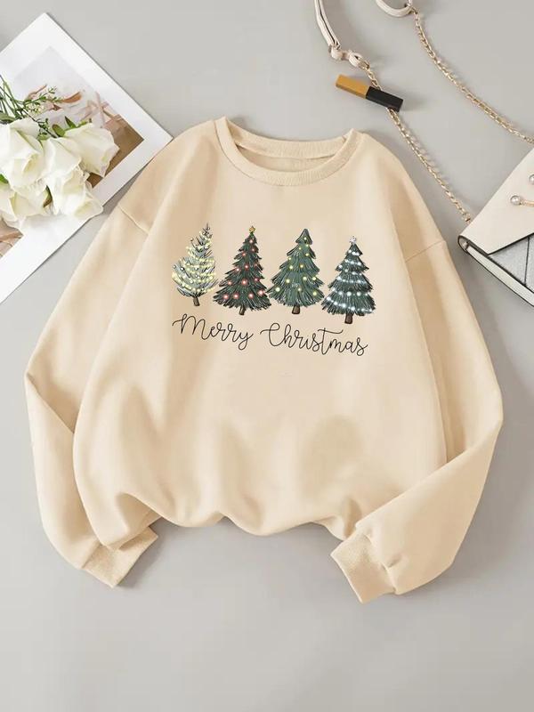 Women's Christmas Tree Print Crew Neck Sweatshirt, Casual Long Sleeve Pullover for Daily Wear, Ladies Clothes for All Seasons