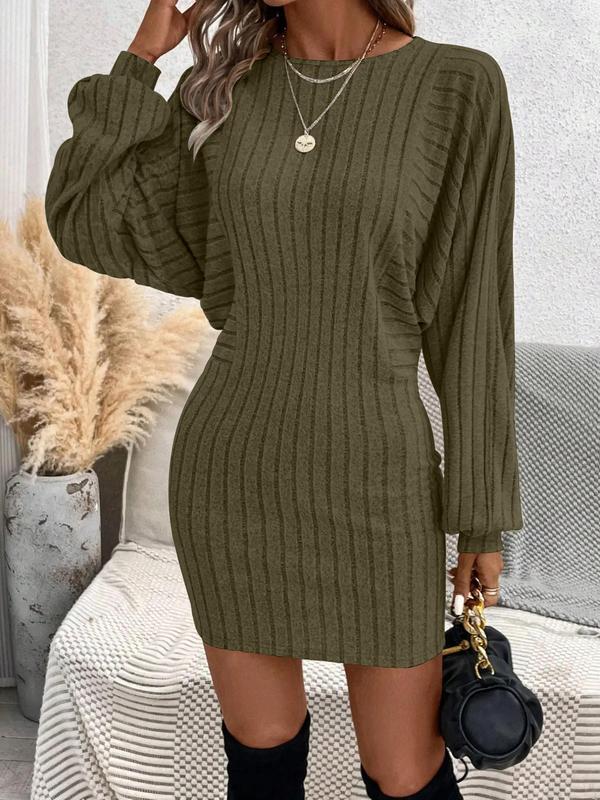 Women's Plain Batwing Sleeve Bodycon Dress, Casual Long Sleeve Round Neck Short Dress for Fall, Women's Clothes for Daily Wear, Fall Outfits 2024