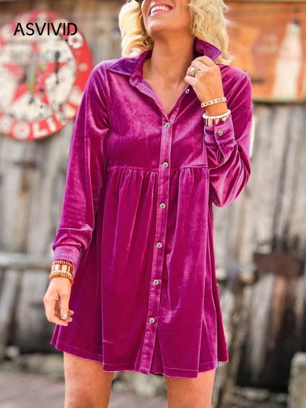 Women's Plain Button Front Collar Velvet Shirt Dress, Casual Long Sleeve Short Dress for Spring & Fall, Women's Casual Wear Clothes for Daily