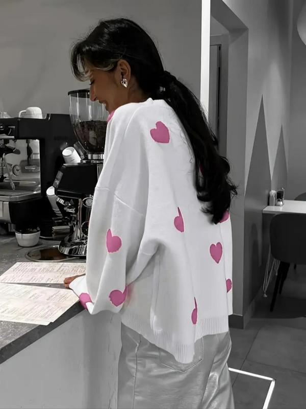 Women's Loose Fit Heart Pattern Drop Shoulder Sweater, Casual Long Sleeve Round Neck Knit Top for Spring & Fall, Fashion Ladies' Knitwear for Daily Wear