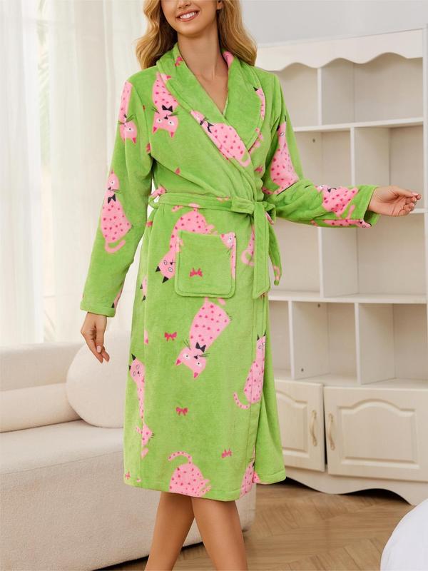 Women's Animal Print Pocket Belted Lounge Robe, Princess Robe, Casual Long Sleeve Shawl Collar Dressing Gown, Ladies Loungewear Sleepwear for Fall & Winter, 2024 Fall Wear, Fallfreshness