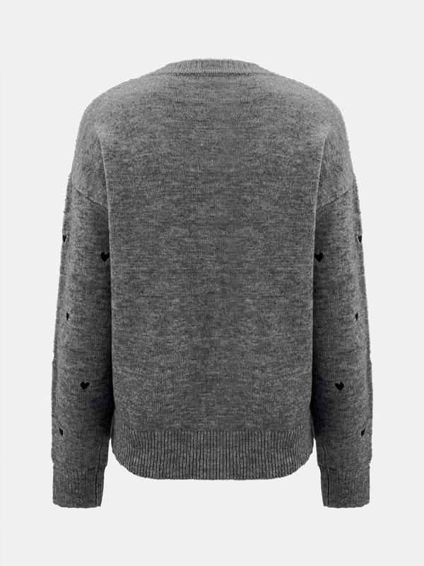 Women's Heart Embroidery Drop Shoulder Sweater, Casual Long Sleeve Round Neck Jumper for Fall & Winter, Fashion Ladies' Knitwear for Daily Wear