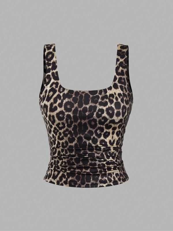 Women's Solid   Leopard Print Square Neck Tank Top, Casual Sleeveless Top for Daily Wear, Ladies Clothes for All Seasons