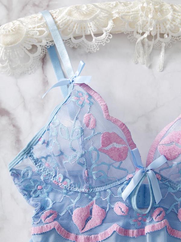 Women's Contrast Lace Bow Decor Sexy Lingerie Two-piece Set, Adjustable Strap Ruffle Hem Cami Nightdress & Thong Set, Women's Lingerie & Underwear for All Seasons