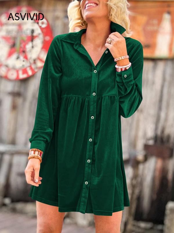 Women's Plain Button Front Collar Velvet Shirt Dress, Casual Long Sleeve Short Dress for Spring & Fall, Women's Casual Wear Clothes for Daily